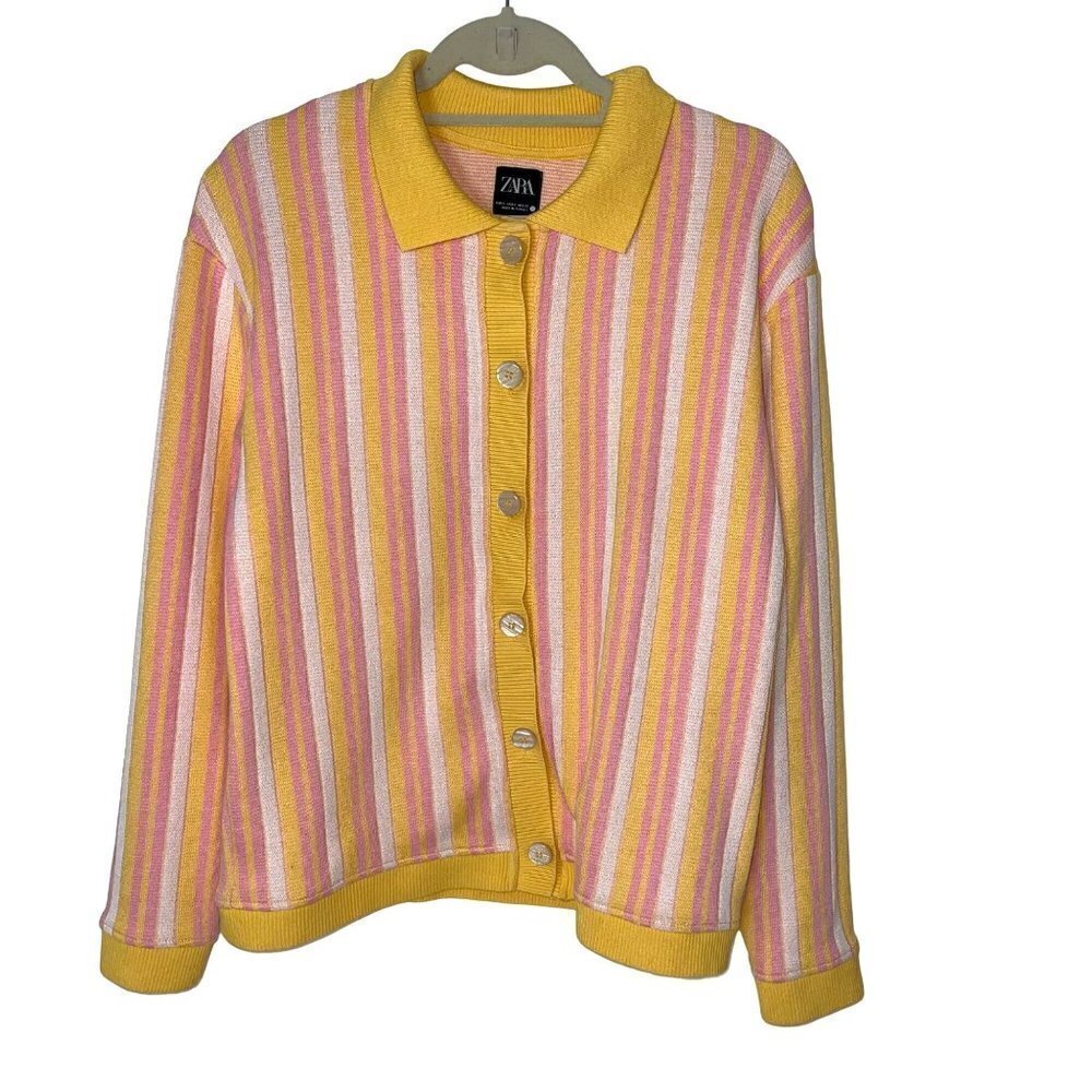 Zara Womens Cardigan Size Small Button Front Long Sleeve Yellow Pink Striped